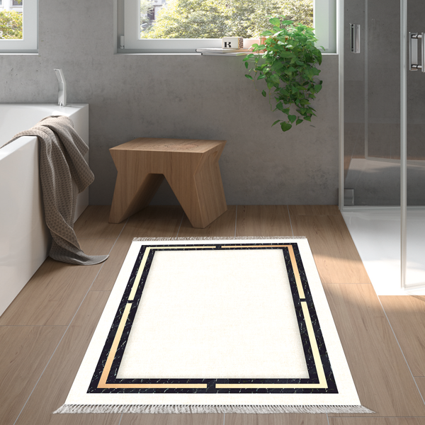Dekoreko Kaymaz Taban Djt Banyo Halısı Yıldız Deri Saçaklı Modern F5006 Bej - Image 1