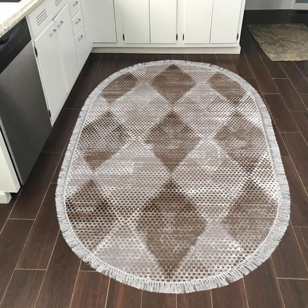 Dekoreko Kaymaz Taban Djt Mutfak Halısı Star Pamuk Saçaklı Oval İskandinav F5131 Kahve - Image 1