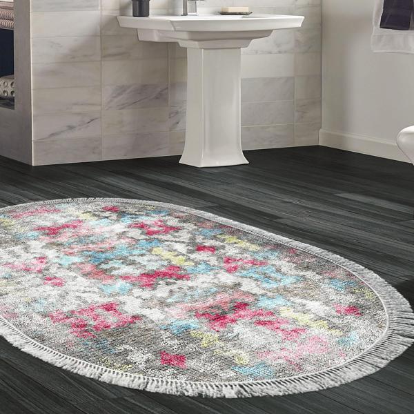 Dekoreko Kaymaz Taban Djt Banyo Halısı Yıldız Deri Saçaklı Oval Modern F5138 Renkli - Image 1