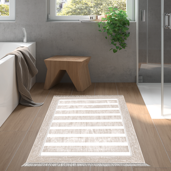 Dekoreko Kaymaz Taban Djt Banyo Halısı Trend Saçaklı Modern 1545 Bej - Image 1