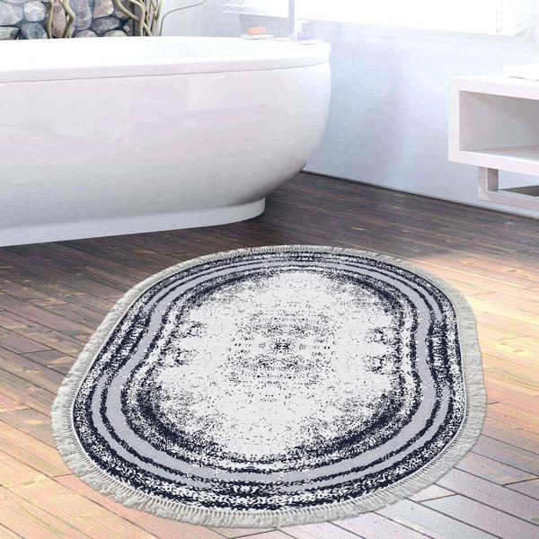 Dekoreko Kaymaz Taban Djt Banyo Halısı Trend Saçaklı Oval Modern M5132 Lacivert - Image 1
