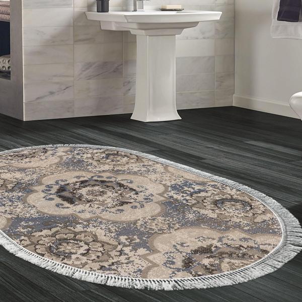 Dekoreko Kaymaz Taban Djt Banyo Halısı Trend Saçaklı Oval Modern 1903M Krem - Image 1