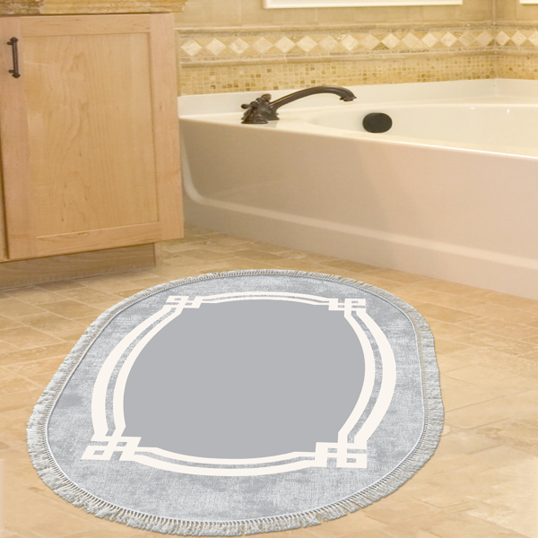 Dekoreko Kaymaz Taban Djt Banyo Halısı Star Pamuk Saçaklı Oval Modern 657M Gri - Image 1