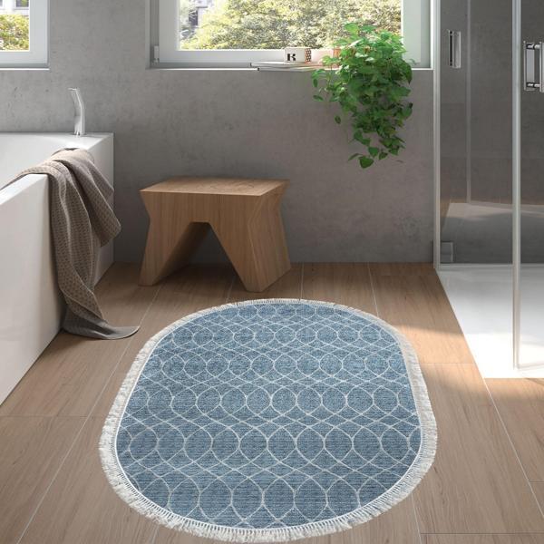 Dekoreko Kaymaz Taban Djt Banyo Halısı Star Pamuk Saçaklı Oval İskandinav F5084 Lacivert - Image 1