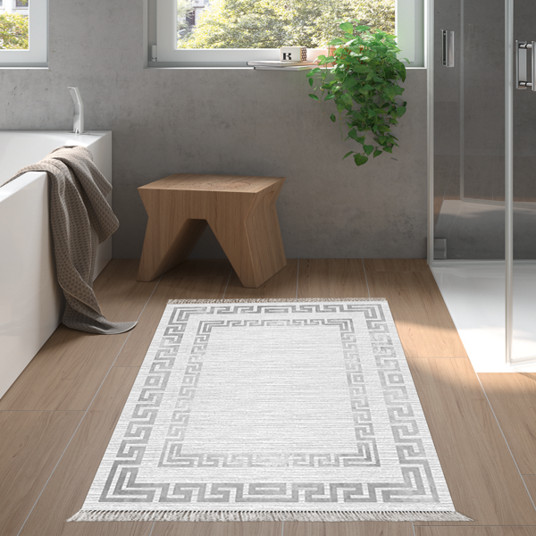 Dekoreko Kaymaz Taban Djt Banyo Halısı Trend Saçaklı Modern Kt418 Gri - Image 1