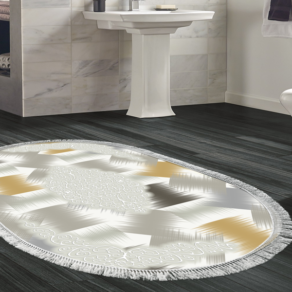 Dekoreko Kaymaz Taban Djt Banyo Halısı Star Pamuk Saçaklı Oval Modern S1030 Krem - Image 1