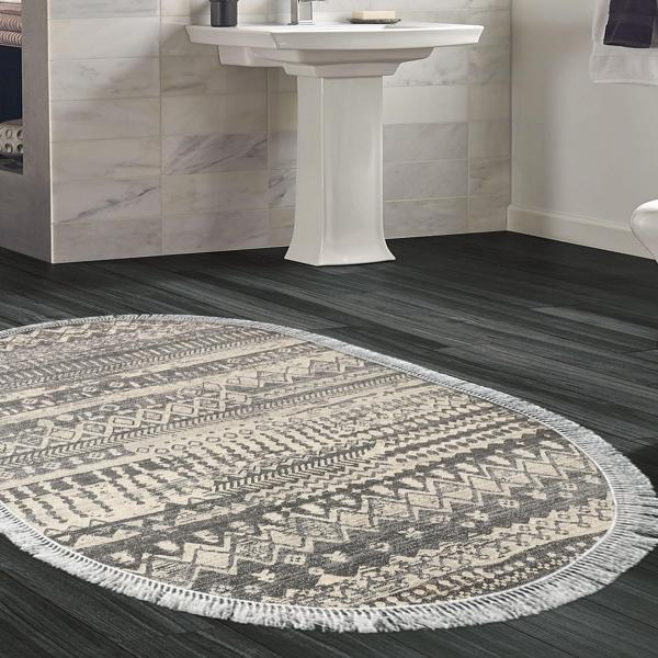 Dekoreko Kaymaz Taban Djt Banyo Halısı Trend Saçaklı Oval İskandinav F5080 Gri - Image 1