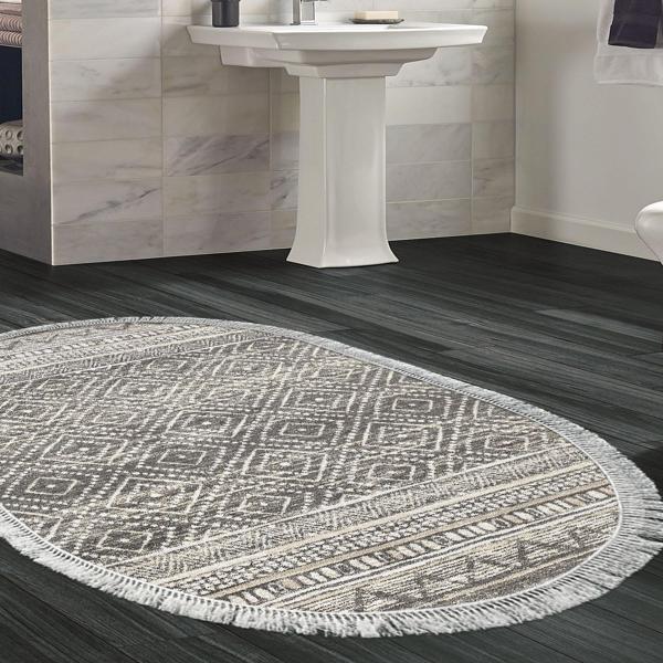 Dekoreko Kaymaz Taban Djt Banyo Halısı Yıldız Deri Saçaklı Oval İskandinav F5087 Gri - Image 1