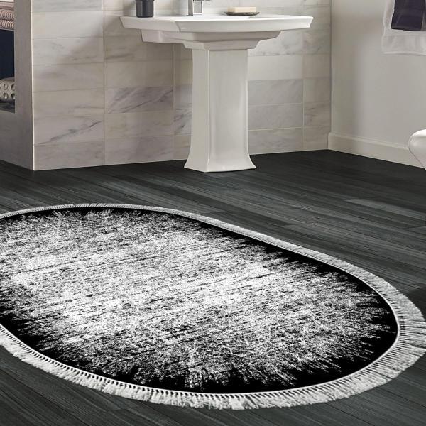 Dekoreko Kaymaz Taban Djt Banyo Halısı Trend Saçaklı Oval Modern 1342 Siyah - Image 1