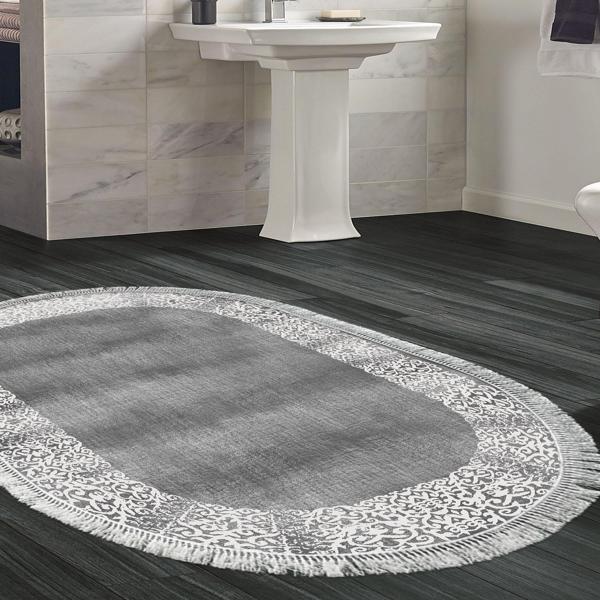 Dekoreko Kaymaz Taban Djt Banyo Halısı Yıldız Deri Saçaklı Oval Modern 1460 Gri - Image 1