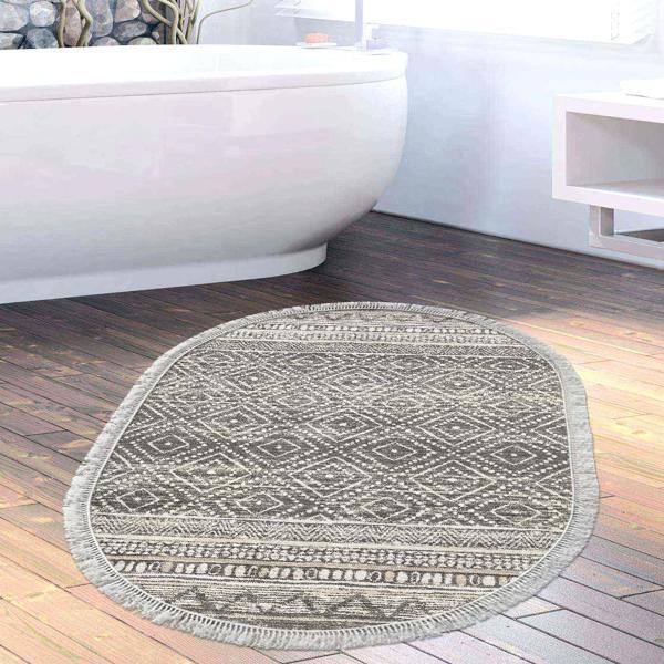 Dekoreko Kaymaz Taban Djt Banyo Halısı Trend Saçaklı Oval İskandinav F5087 Gri - Image 1