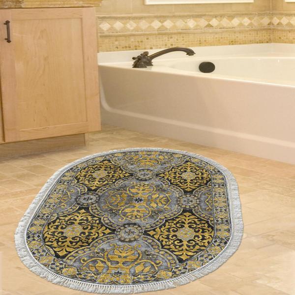Dekoreko Kaymaz Taban Djt Banyo Halısı Yıldız Deri Saçaklı Oval Modern 659M Pudra - Image 1