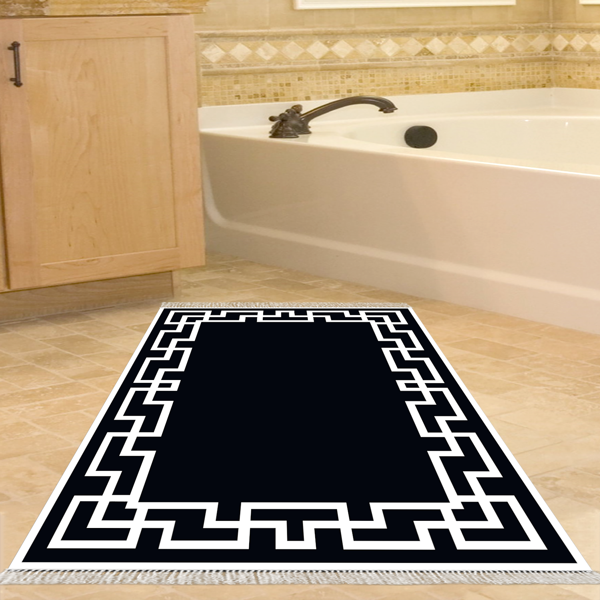 Dekoreko Kaymaz Taban Djt Banyo Halısı Yıldız Deri Saçaklı Modern F5035 Siyah - Image 1