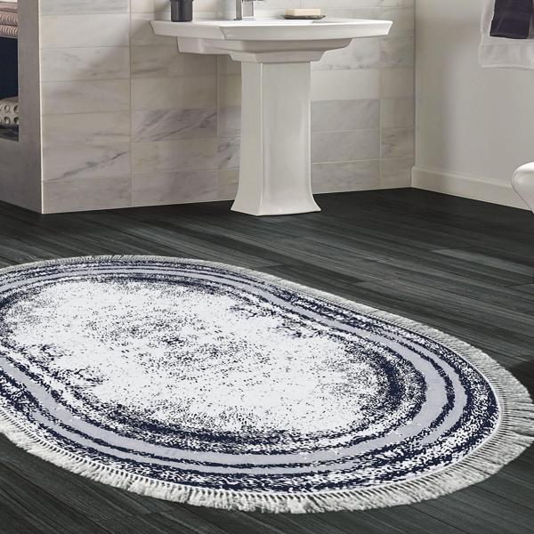 Dekoreko Kaymaz Taban Djt Banyo Halısı Star Pamuk Saçaklı Oval Modern M5132 Lacivert - Image 1