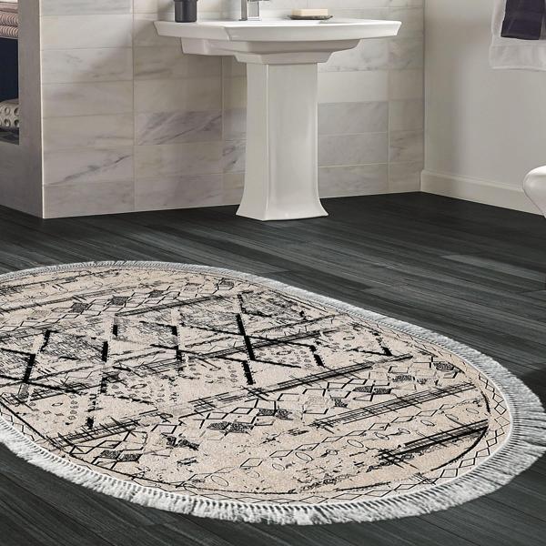 Dekoreko Kaymaz Taban Djt Banyo Halısı Yıldız Deri Saçaklı Oval İskandinav M5141 Gri - Image 1