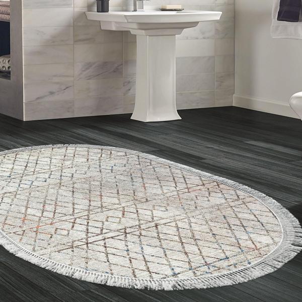 Dekoreko Kaymaz Taban Djt Banyo Halısı Star Pamuk Saçaklı Oval İskandinav F5079 Bej - Image 1