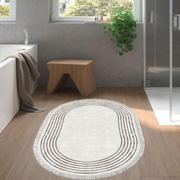 Dekoreko Kaymaz Taban Djt Banyo Halısı Star Pamuk Saçaklı Oval Modern M5142 Bej - Image 1