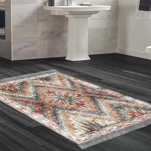 Dekoreko Kaymaz Taban Djt Banyo Halısı Yıldız Deri Saçaklı İskandinav F5003 Renkli - Image 1