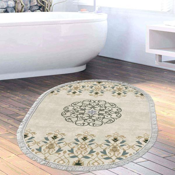 Dekoreko Kaymaz Taban Djt Banyo Halısı Star Pamuk Saçaklı Oval Modern 1491 Bej - Image 1