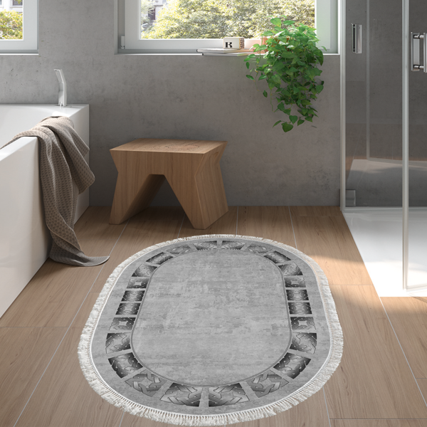 Dekoreko Kaymaz Taban Djt Banyo Halısı Yıldız Deri Saçaklı Oval Modern 691M Gri - Image 1