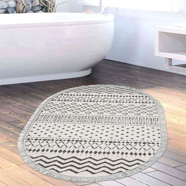 Dekoreko Kaymaz Taban Djt Banyo Halısı Yıldız Deri Saçaklı Oval İskandinav F5086 Bej - Image 1