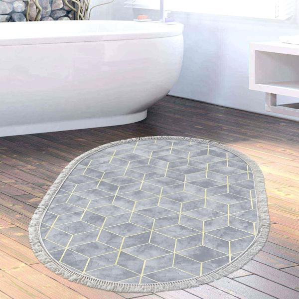 Dekoreko Kaymaz Taban Djt Banyo Halısı Trend Saçaklı Oval Modern 627M Mavi - Image 1