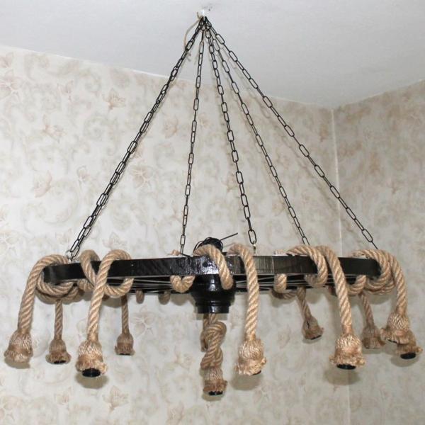 Otantik Çarşı Ahşap Halatlı Teker Avize 100 cm. 13'lü  Serbest Sarkıtlı - Image 1