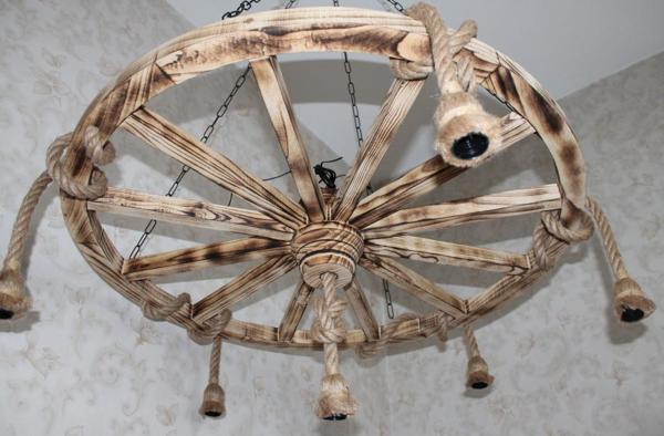 Otantik Çarşı Ahşap Halatlı Teker Avize 100 cm. 6'lı Serbest Sarkıtlı - Image 1