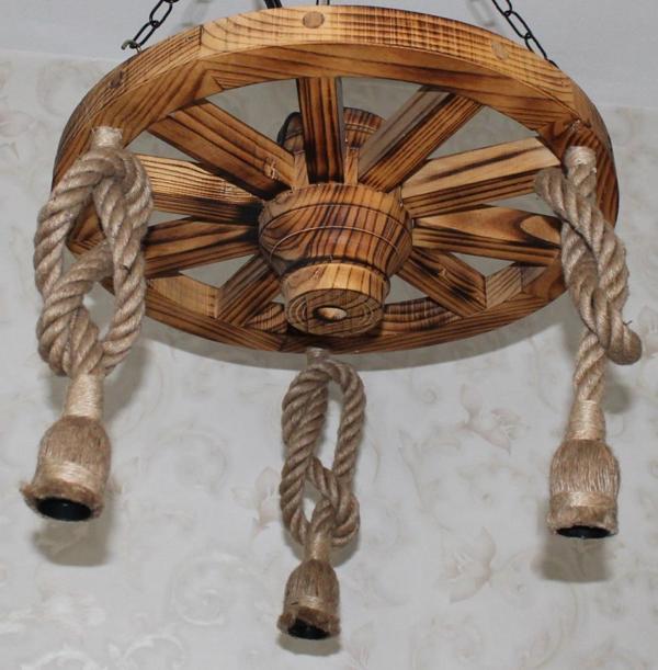 Otantik Çarşı Ahşap Halatlı Teker Avize 50 cm.  3'lü - Image 1