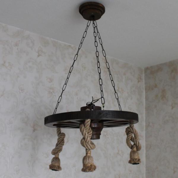 Otantik Çarşı Ahşap Halatlı Teker Avize 50 cm.  3'lü - Image 1