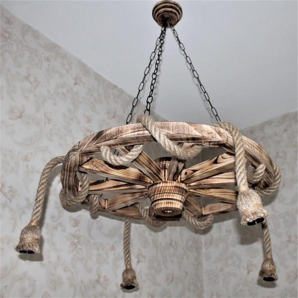 Otantik Çarşı Ahşap Halatlı Teker Avize 70 cm. 4'lü  K05 Serbest Sarkıtlı - Image 1