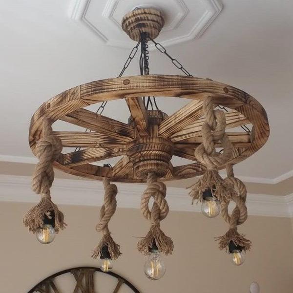 Otantik Çarşı Ahşap Halatlı Teker Avize 70 cm. 5'li - Image 1