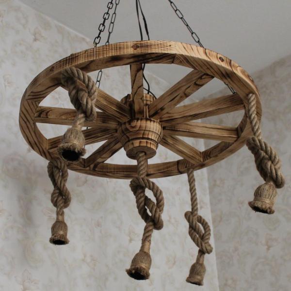 Otantik Çarşı Ahşap Halatlı Teker Avize 70 cm. 5'li  K02 - Image 1