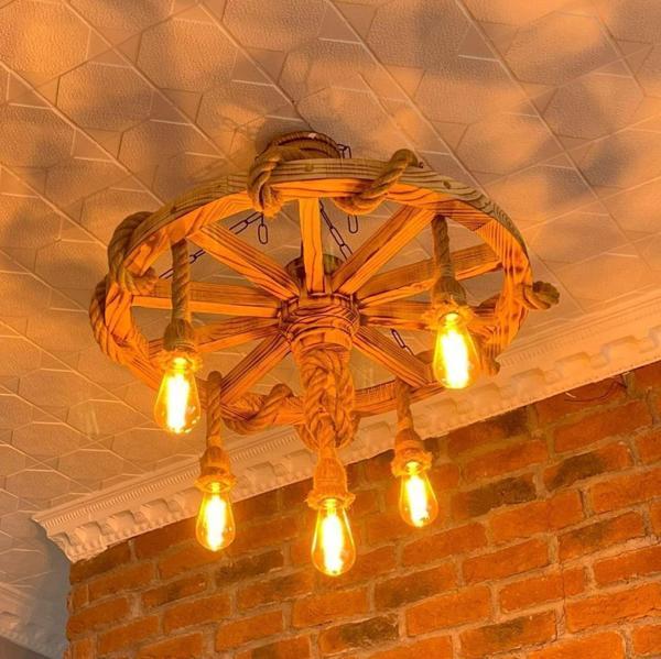 Otantik Çarşı Ahşap Halatlı Teker Avize 70 cm. 5'li  K06  Serbest Sarkıtlı - Image 1