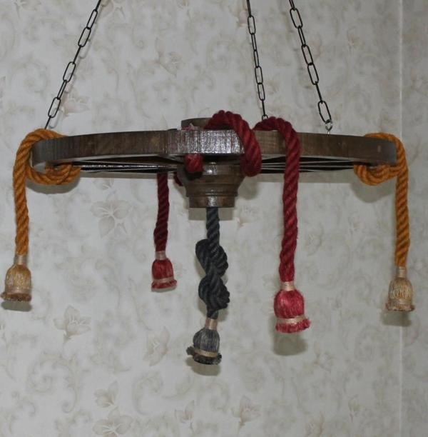 Otantik Çarşı Ahşap Renkli Halatlı Teker Avize 70 cm. 5'li  Serbest Sarkıtlı - Image 1