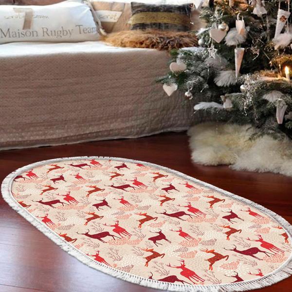 Alanur Home Yılbaşına Özel Pamuk Dijital Yıkanabilir Oval Halı Chr4M Bordo - Image 1