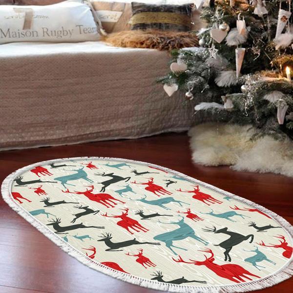 Alanur Home Yılbaşına Özel Pamuk Dijital Yıkanabilir Oval Halı Chr7M Renkli - Image 1