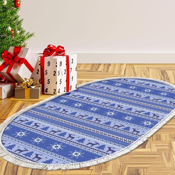 Alanur Home Yılbaşına Özel Pamuk Dijital Yıkanabilir Oval Halı Chr9M Mavi - Image 1