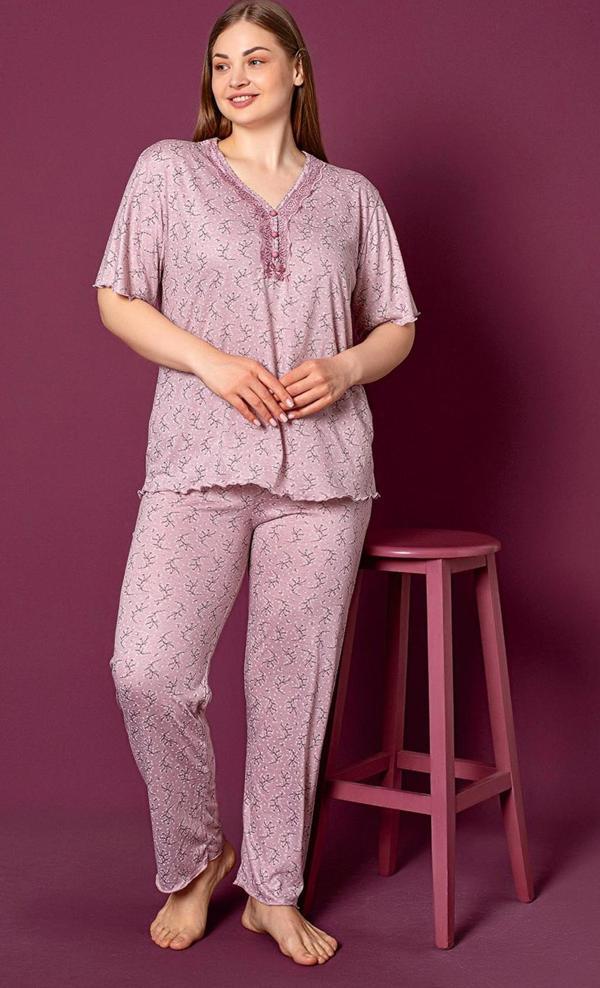 Nisanca Bambu Büyük Beden Yazlık Kadın Kısa Kol Pijama Takımı - Image 1