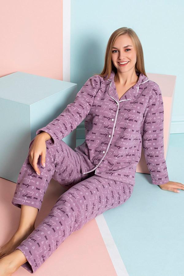 Nisanca Kadın Kışlık Welsoft Peluş Polar  Düğmeli Pijama Takımı - Image 1