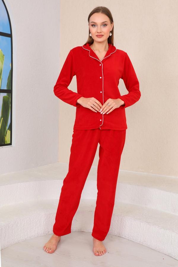 Nisanca Kadın Kışlık Welsoft Peluş Polar  Düğmeli Pijama Takımı - Image 1