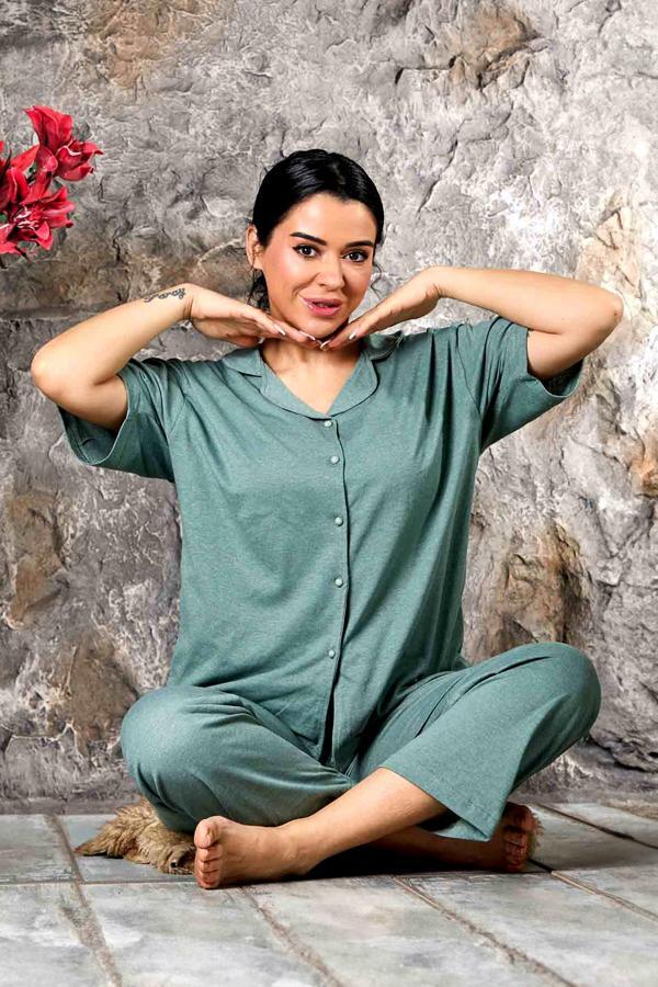 Nisanca Kısa Kollu %100 Pamuk Büyük Beden Düğmeli Anne Pijama Takımı- Anne Özel Serisi - Image 1