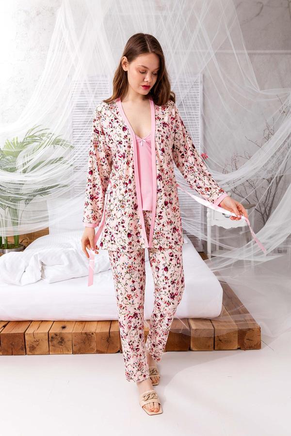 Nisanca Kutulu Çeyizlik Zen Pijama Seti - Exclusive 3 Parça İpeksi Sabahlıklı Kadın Pijama Takımı - Image 1