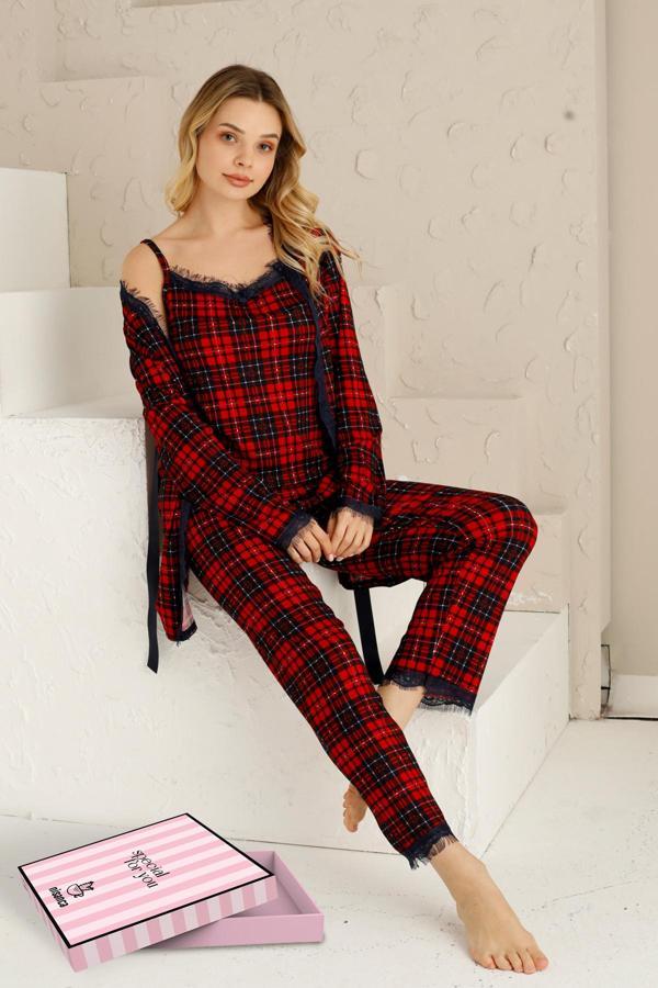 Sabahlıklıklı 3 Parça Çeyizlik Kutulu Kadın Pijama Takımı- Dantelli Kutulu Kadın Pijama- Geniş Beden Aralığı - Image 1