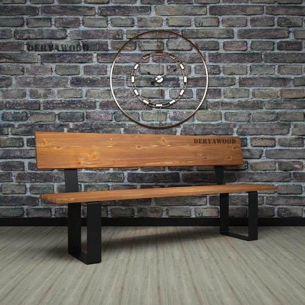 Masif Ağaç Arkalıklı Bank Kale Ayak Natürel 120cm - Image 1