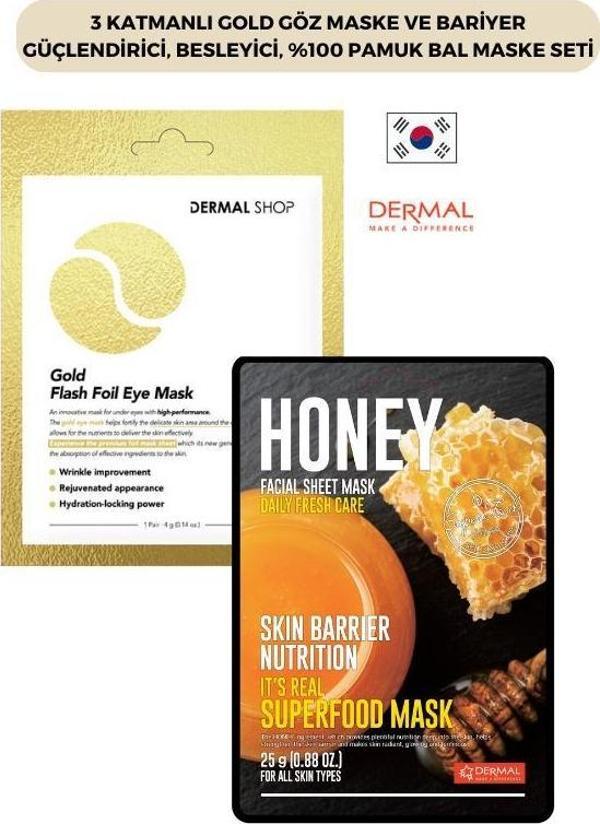 Dermal 3 Katmanlı Gold Göz Maske ve Bariyer Güçlendirici, Besleyici, %100 Pamuk Bal Maske Seti - Image 1