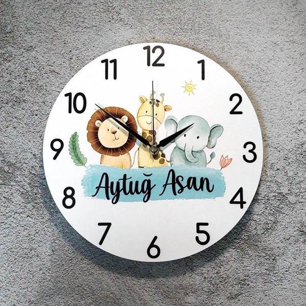 İsme Özel Sevimli Hayvan Figürlü Çocuk Odası Duvar Saati - Image 1