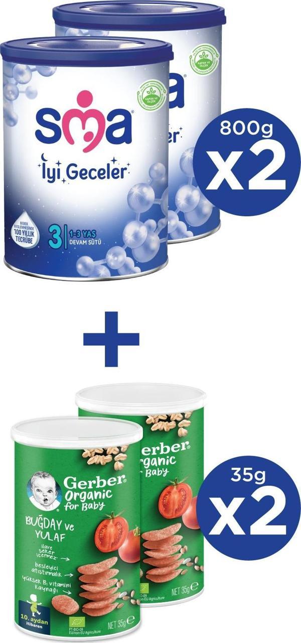SMA İYİ GECELER 3 1-3 yaş Devam Sütü 2x800g + GERBER ORGANIC Buğday ve Yulaflı Atıştırmalık 2x35g - Image 1