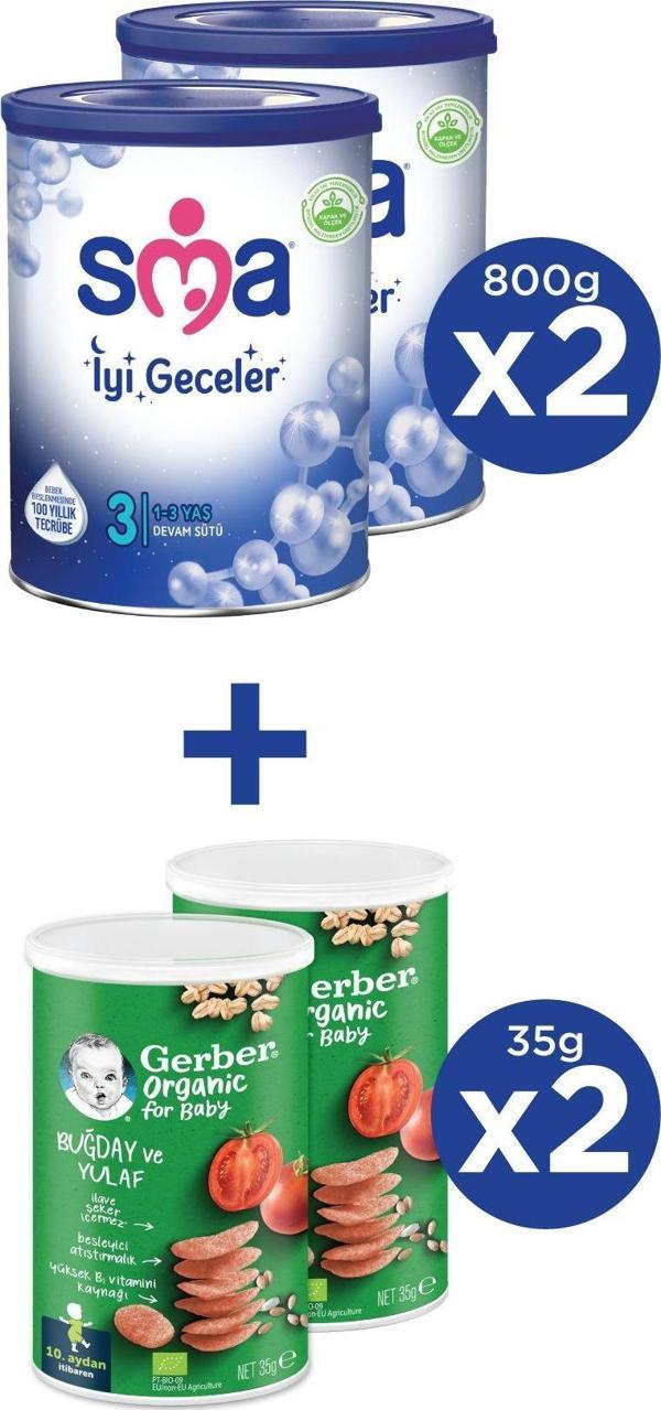 SMA İYİ GECELER 3 1-3 yaş Devam Sütü 2x800g + GERBER ORGANIC Buğday ve Yulaflı Atıştırmalık 2x35g - Image 1