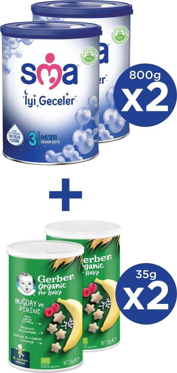 SMA İYİ GECELER 3 1-3 yaş Devam Sütü 2x800g + GERBER ORGANIC Buğday ve Pirinçli Atıştırmalık 2x35g - Image 1